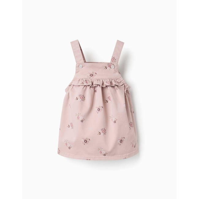 Robe chasuble en sergé avec imprimé fleuri rose clair <span itemprop=