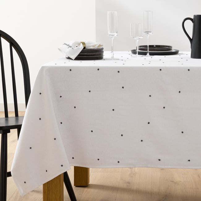 Nappe brodée lin/coton lavé, Festive blanc <span itemprop=