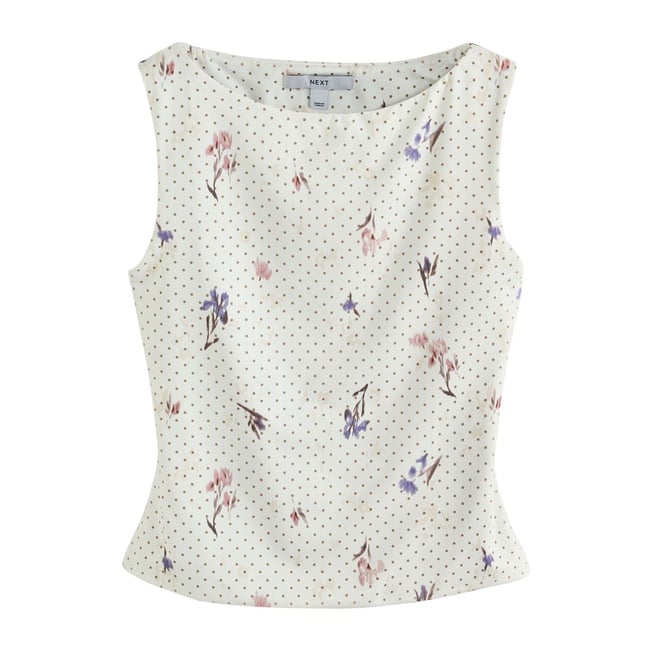 Top sans manches doux dos nu à nouer écru à pois floraux <span itemprop=