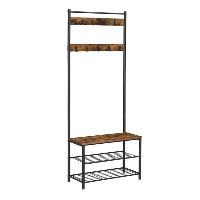 Vestiaire d'entrée avec patères et banc chaussures Couleur bois foncé <span itemprop=