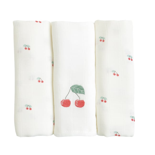 Lot de 3 langes coton bio CERISE ecru <span itemprop=