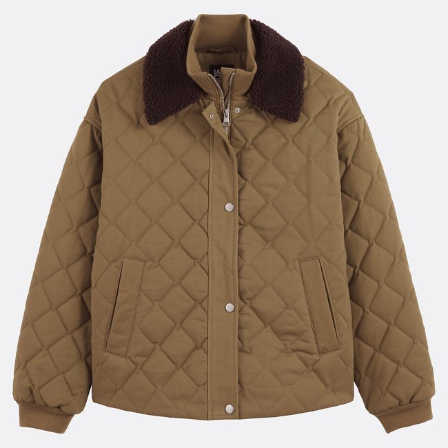 Blouson matelassé à col duveteux amovible vert kaki <span itemprop=
