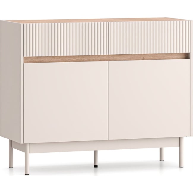Commode 2 portes 2 tiroirs collection DUNEA Couleur cachemire et chêne cremona <span itemprop=