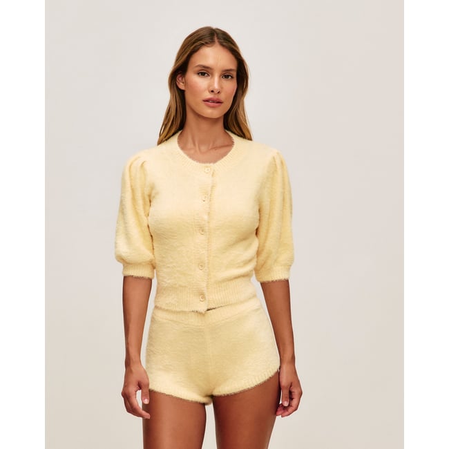Cardigan en maille fluffy NEWFLUFFYLIZ jaune <span itemprop=
