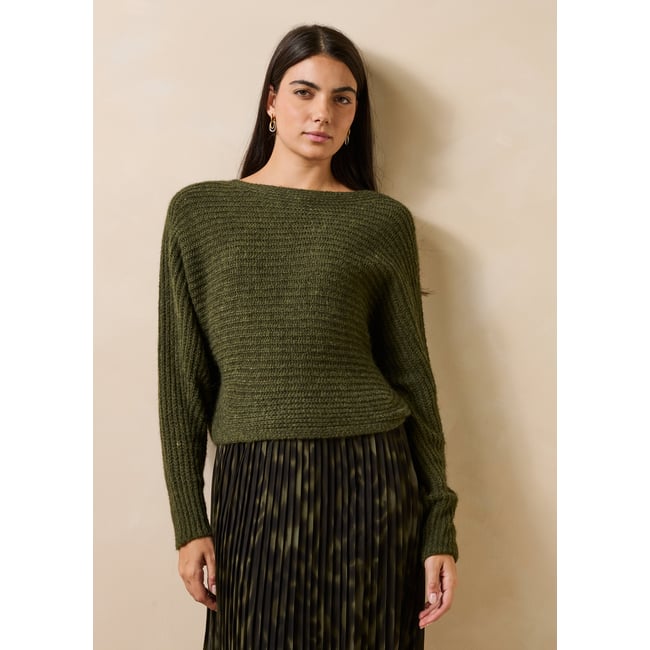 Pull ample manches longues encolure bateau kaki <span itemprop=
