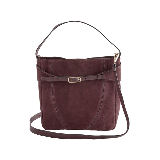 Sac à main style besace en daim ceinture rouge bordeaux <span itemprop=