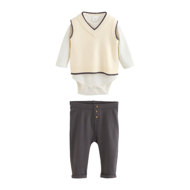Ensemble bébé débardeur, body et pantalon gris anthracite/crème <span itemprop=