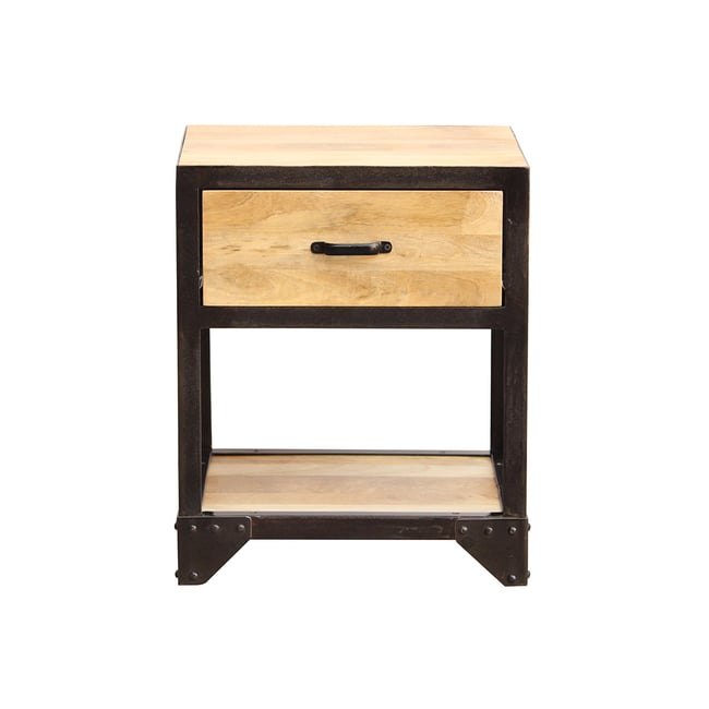 Table de chevet avec tiroir industrielle en bois manguier massif INDUSTRIA Couleur bois clair / noir <span itemprop=