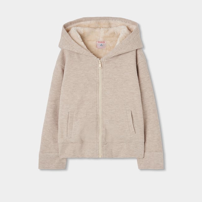 Blouson fille en maille à capuche beige <span itemprop=