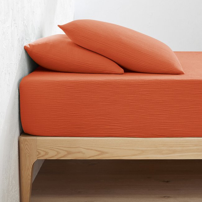 Drap-housse uni gaze de coton bonnet 30cm, Kumla  orange <span itemprop=