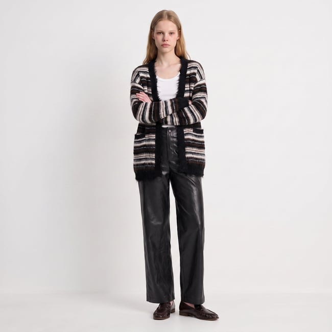 Cardigan long rayé maille duveteuse boutonné LORAURA black <span itemprop=