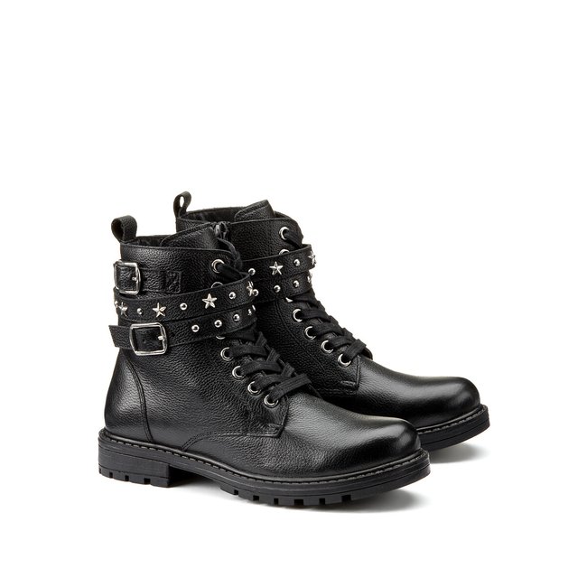 Botines altos de piel con cordones estilo rock negro <span itemprop=