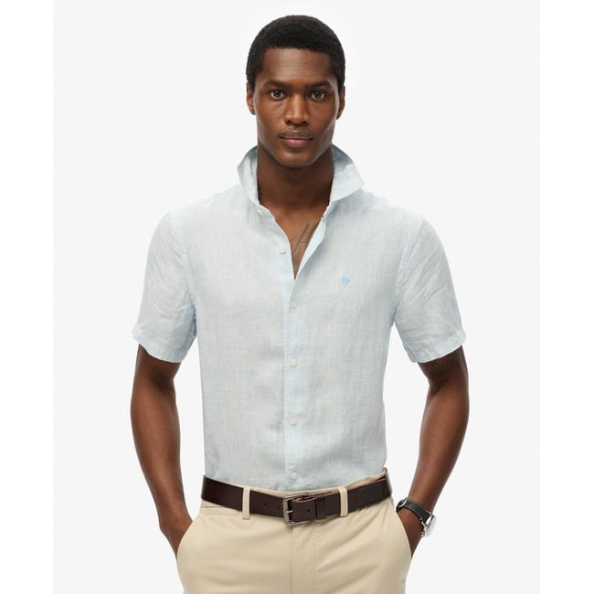 Chemise en lin Vacation brodée bleu ciel rayé ticking <span itemprop=