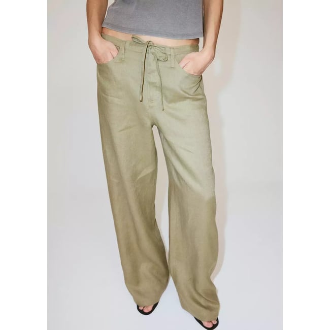 Pantalon lin nœud kaki <span itemprop=