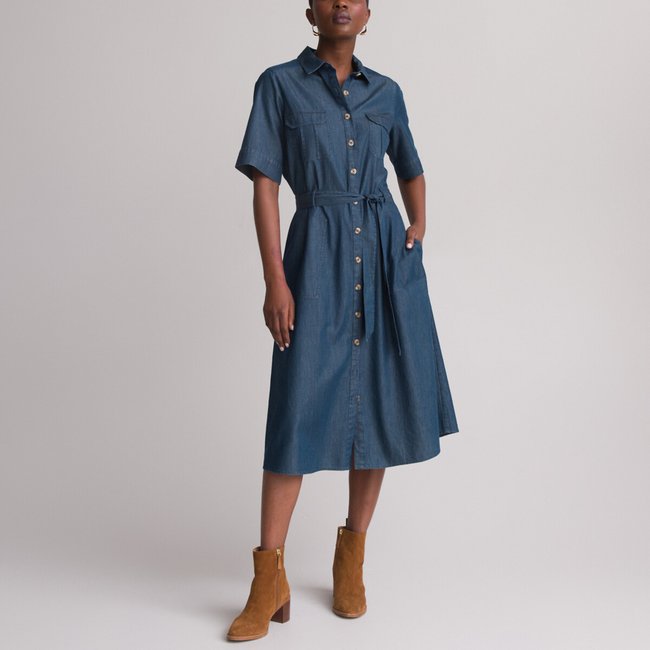 Robe denim évasée, longueur midi, 3/4 denim <span itemprop=