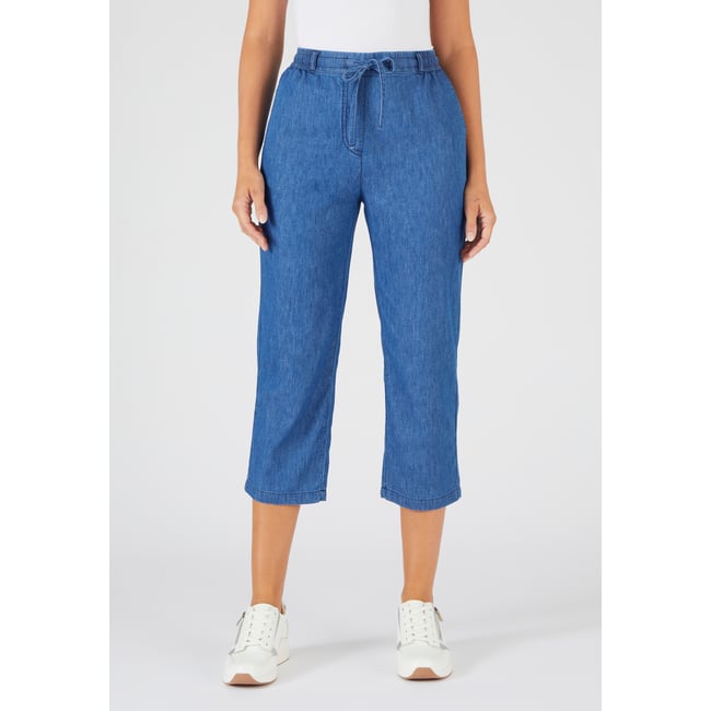 Pantacourt tissu chambray bleu denim moyen <span itemprop=