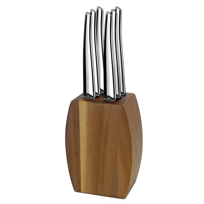 Bloc bois d'acacia 6 couteaux steak - JET Couleur acier <span itemprop=