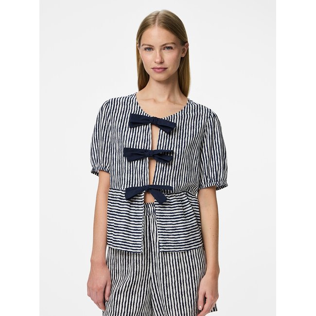 Blouse manches courtes à rayures nœud rayé marine <span itemprop=