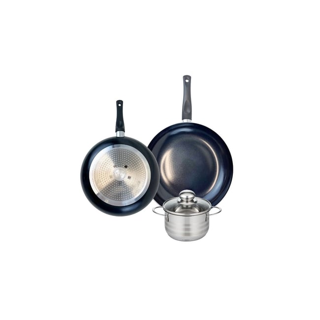Batterie 2 poêles 20/24cm + 1 faitout 12cm PRIMA BRILLANT noir <span itemprop=
