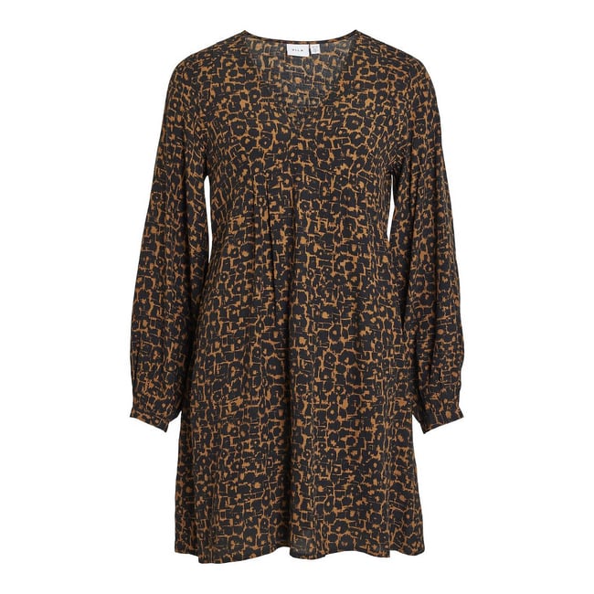 Robe courte imprimée  camel/noir <span itemprop=