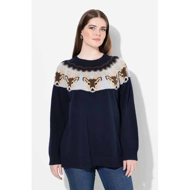 Pull norvégien, motif rennes marine <span itemprop=