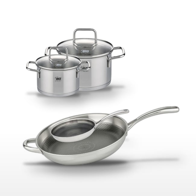 Batterie 1 poêle 24cm + 2 faitouts 16/20cm RELIEF EVOLUTION inox <span itemprop=