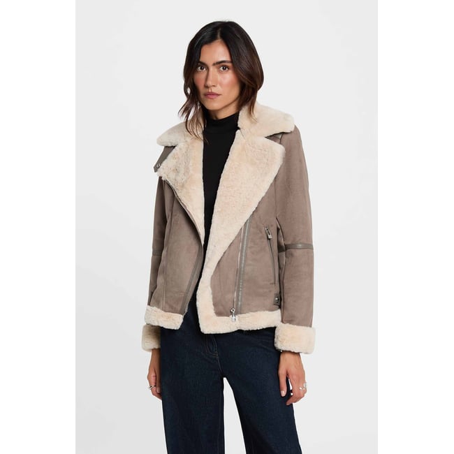 Blouson zippé suédine taupe <span itemprop=