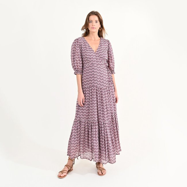 Robe longue imprimée, col croisé rose/parme <span itemprop=