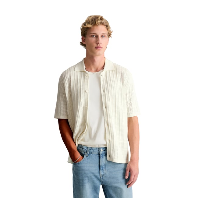 Veste en maille DfC à manches courtes style polo regular avec structure ajourée blanc <span itemprop=