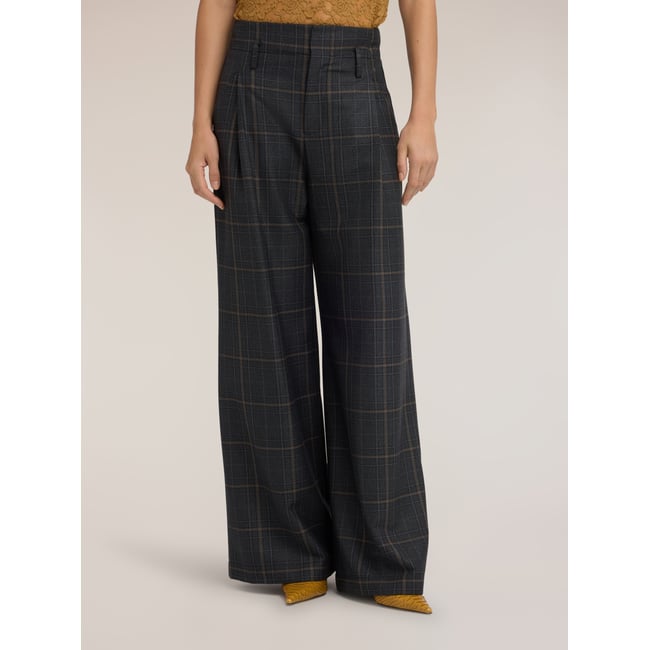 Pantalon palazzo taille haute à motif carreaux gris <span itemprop=