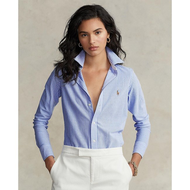 Chemise Oxford rayée à manches longues, en coton piqué rayé bleu/blanc <span itemprop=