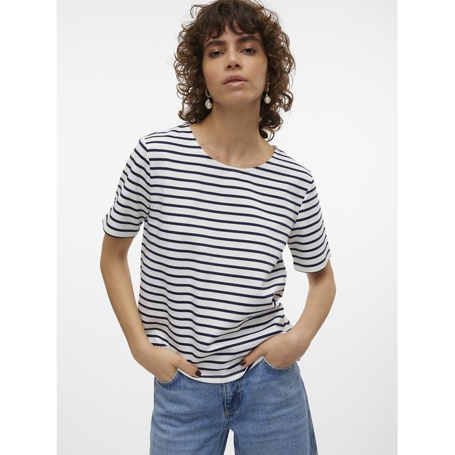 Camiseta a rayas, cuello redondo blanco/azul marino <span itemprop=