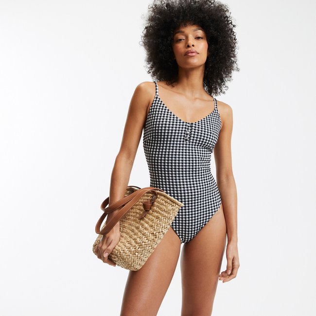 Maillot de bain 1 pièce ballerine imprimé vichy vichy noir/blanc <span itemprop=