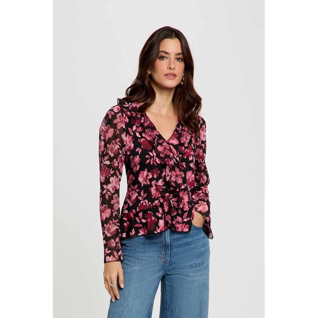 Blouse col v volants multicolore <span itemprop=