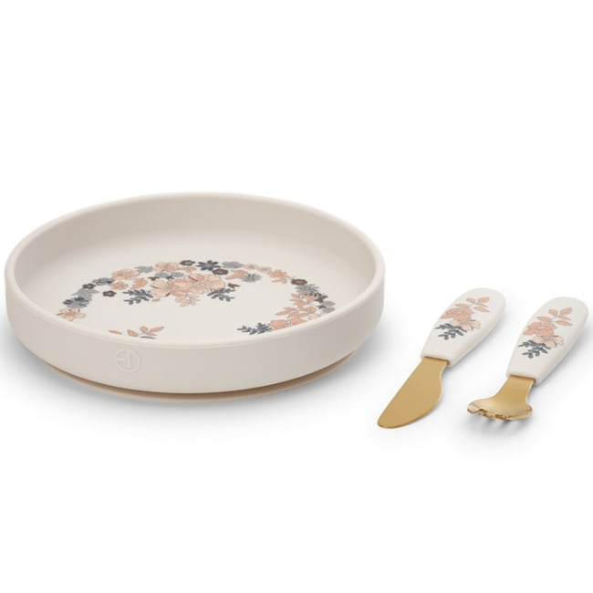 Set assiette et couverts blanc, bleu, rose <span itemprop=