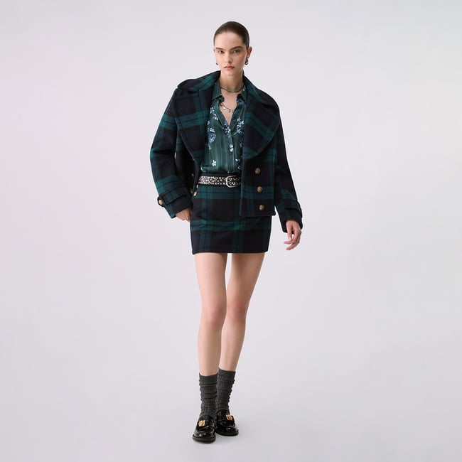 Mini-jupe en laine tartan bleu tartan <span itemprop=
