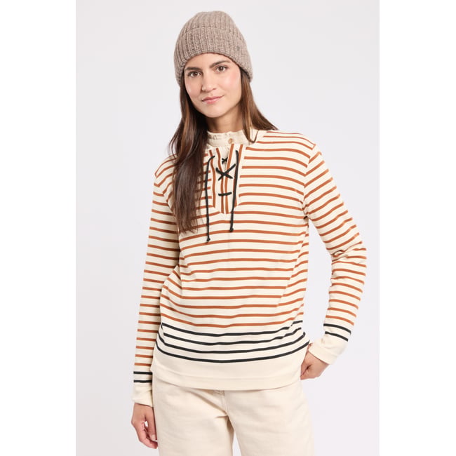 Marinière col lacé en coton épais nature/caramel café/noir <span itemprop=