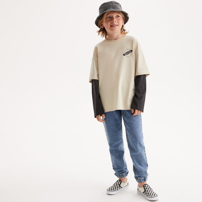 Cotton Oversize T-Shirt with Long 2-in-1 Sleeves, ecru/navy, LA REDOUTE COLLECTIONS
