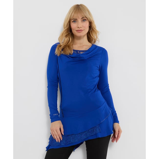 Tunique à Col Bénitier et Détail en Dentelle bleu <span itemprop=