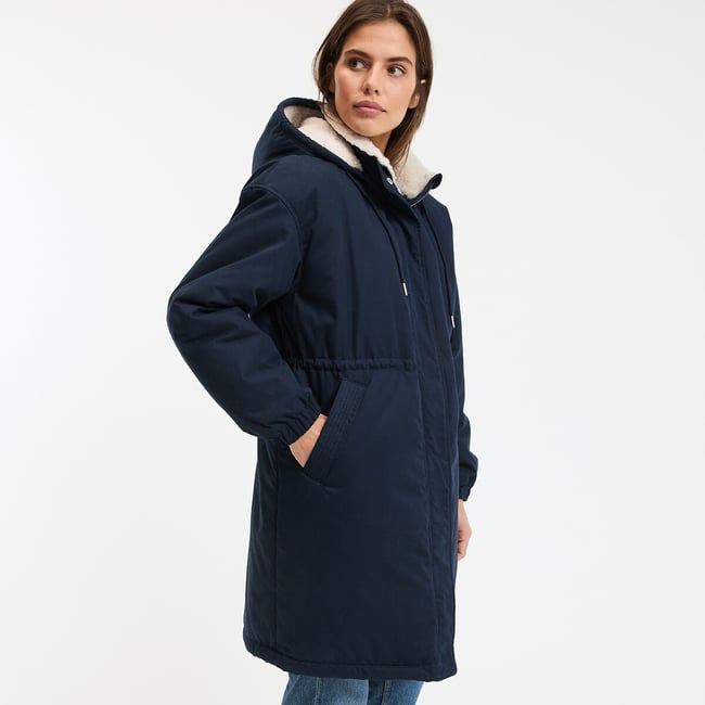 Parka longue capuche fixe fermeture zippée, plein hiver bleu marine <span itemprop=