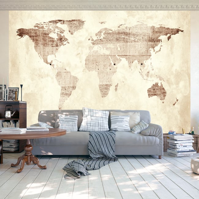 Papier peint intissé panoramique Carte du monde Precious map Couleur beige <span itemprop=