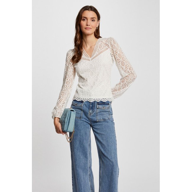 T-shirt col en V dentelle ecru <span itemprop=