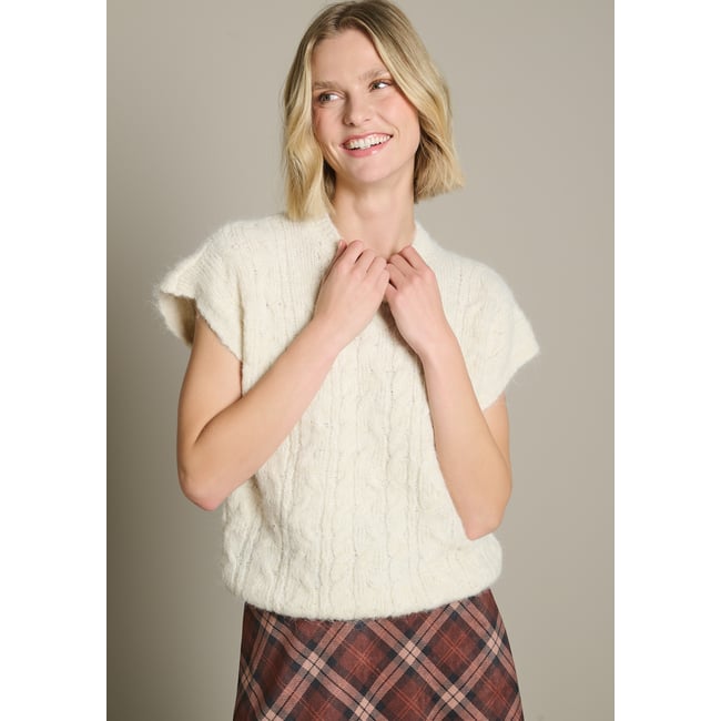 Pull sans manches torsadé blanc vanille <span itemprop=