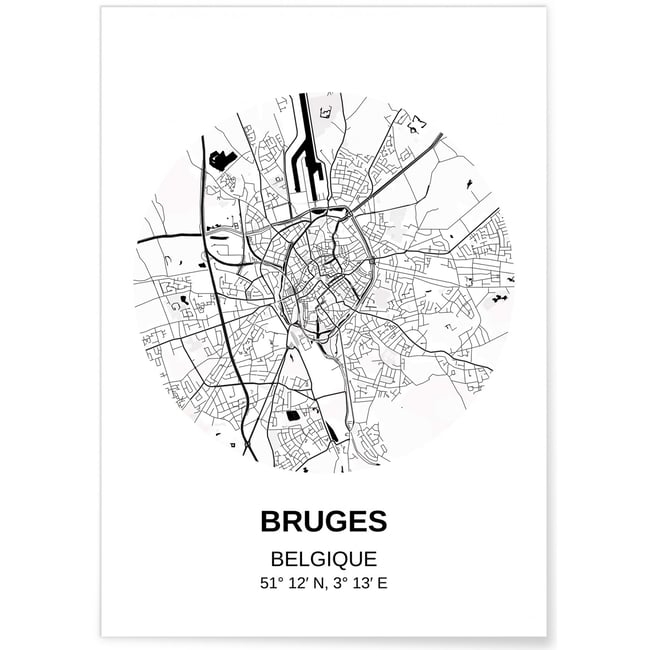 Affiche Carte Bruges Couleur blanc <span itemprop=