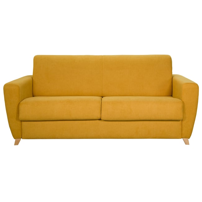 Canapé convertible 3 places en tissu bleu et bois clair avec matelas L140 cm 12 cm GRAHAM Couleur jaune <span itemprop=