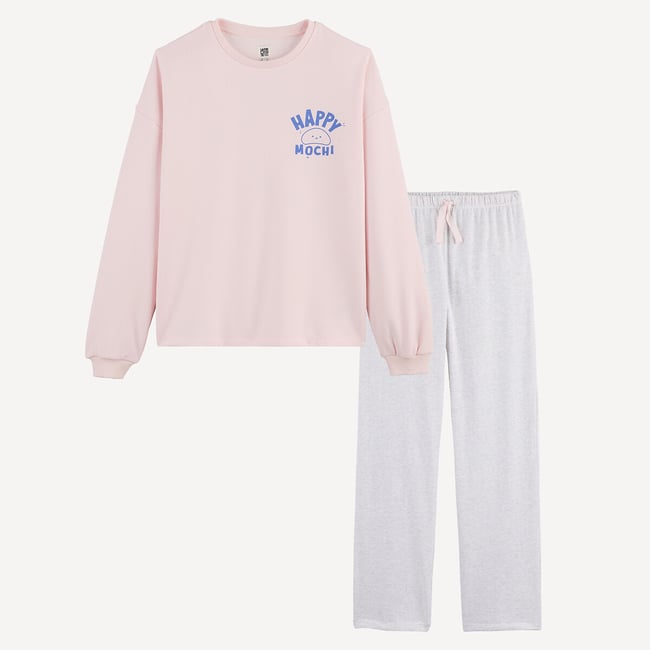 Pyjama en molleton, manches longues, imprimé mochi rose/gris chiné <span itemprop=