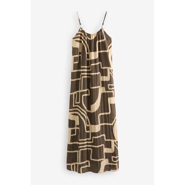 Robe d’été longue texturée à parles imprimé marron/crème <span itemprop=
