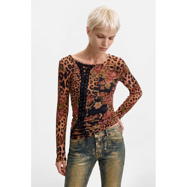 T-SHIRT EN MAILLE IMPRIMÉE marron <span itemprop=