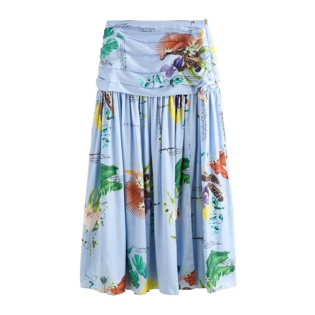 Jupe longue satin botanique kew collection bleu motif fleurs <span itemprop=