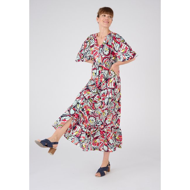 Robe imprimée manches bouffantes Climatyl bleu grands papillons <span itemprop=